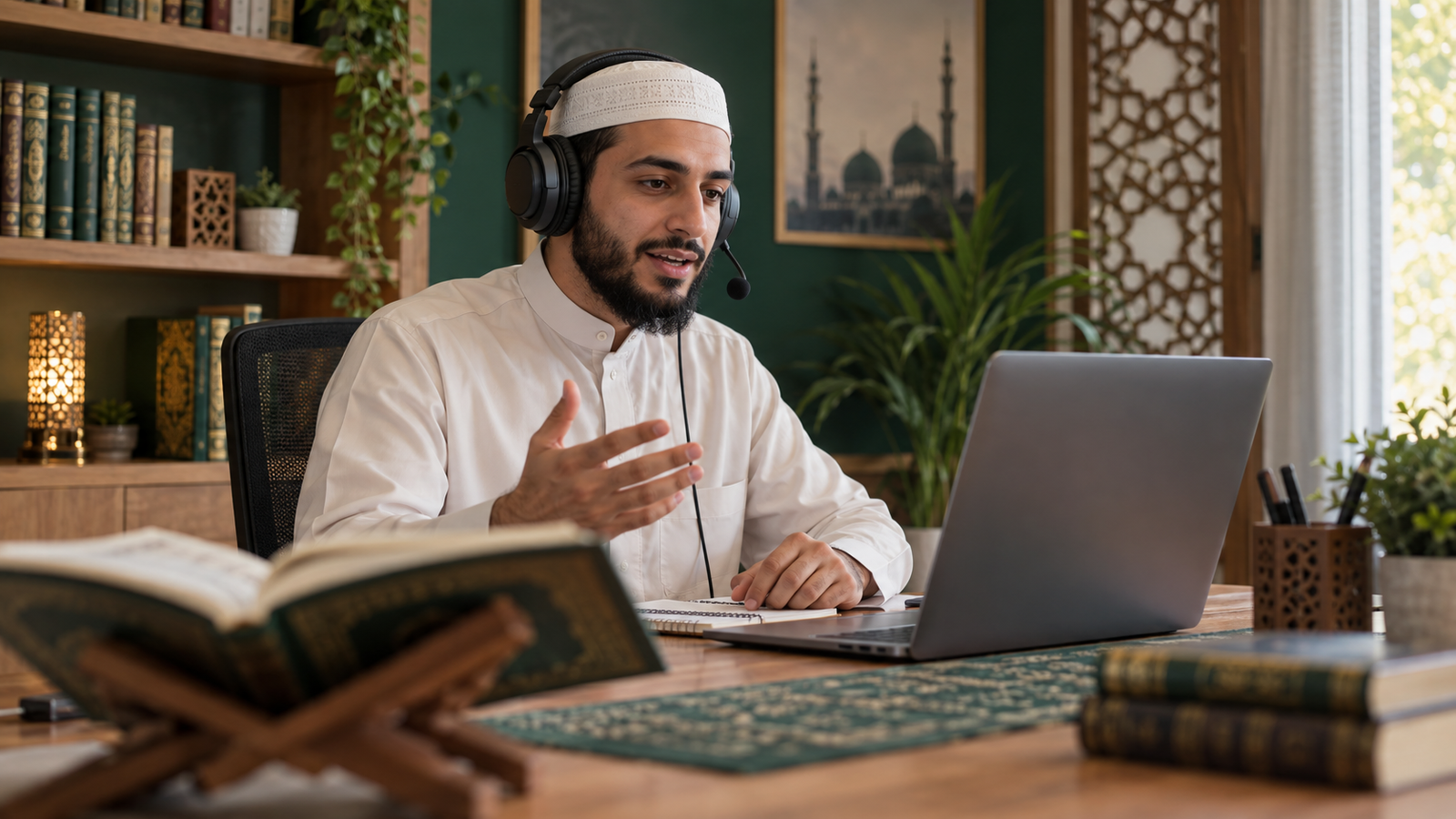 معلم قرآن يقدّم درسًا مباشرًا عبر الإنترنت