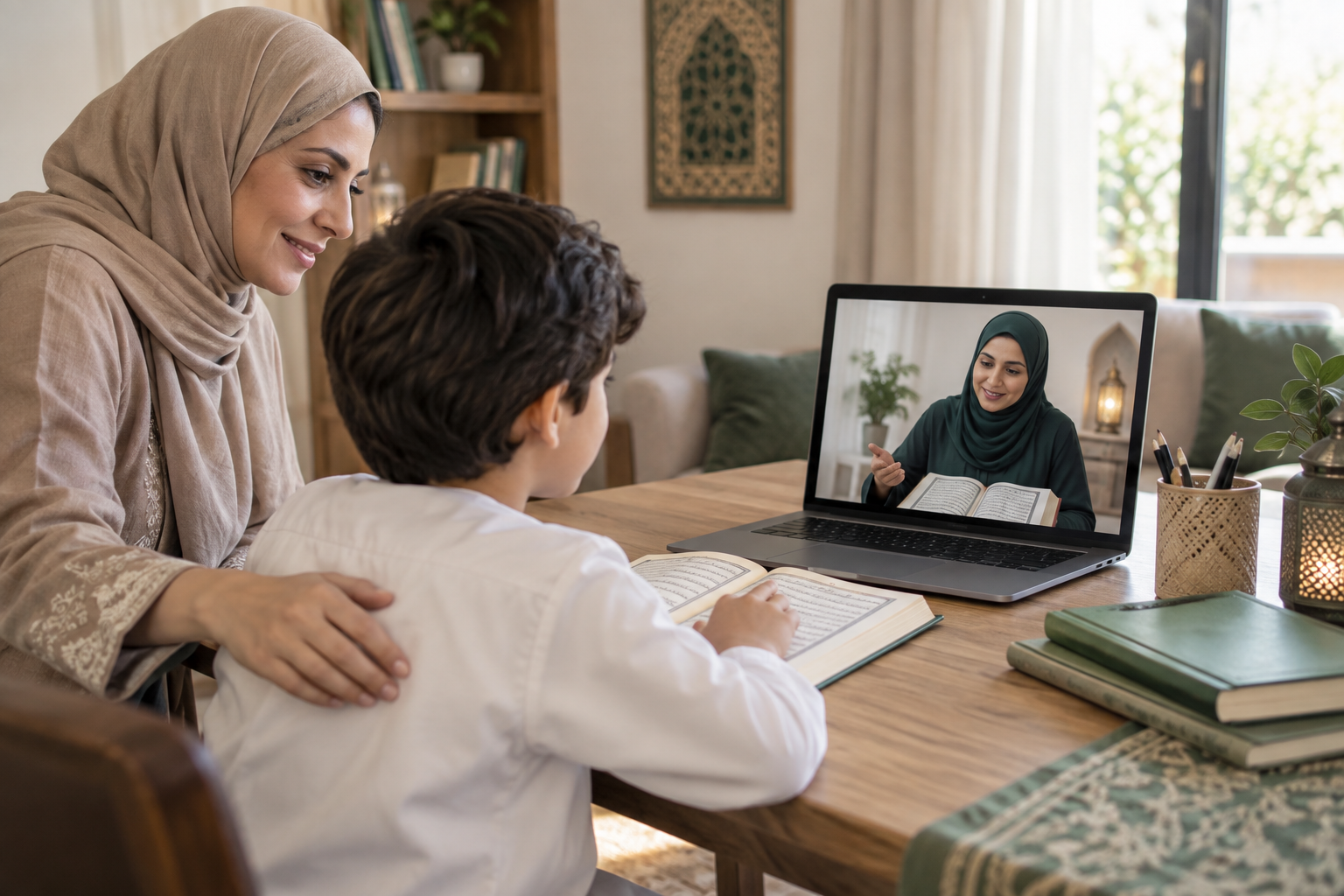 معلمة تتابع طالبًا في درس قرآن عن بُعد